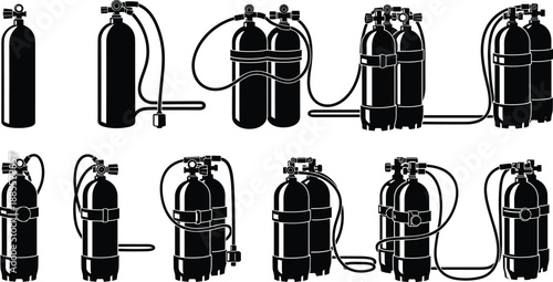 Scuba diving air tank equipment icons set, underwater breathing apparatus cylinder silhouettes collection for professional diving safety illustration projects