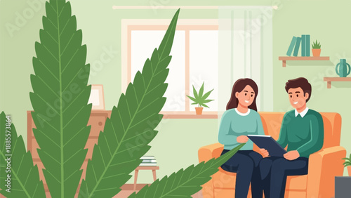 Couple discusses document while large cannabis leaf dominates foreground