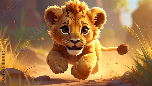 Cartoon cub gallops on a dirt path amidst grasses, rocks, & sunny blurred background