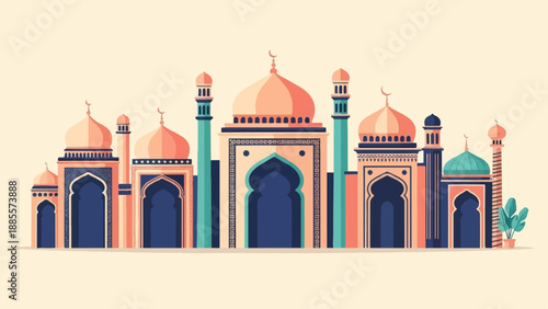 Colorful flat illustration of a mosque complex with domes and minarets