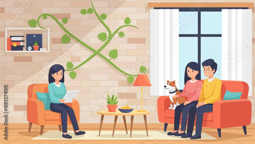 Couple with dog on sofa, therapist with notes, and houseplant