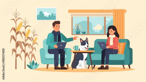 Couple working on laptops with dog, corn stalks inside room