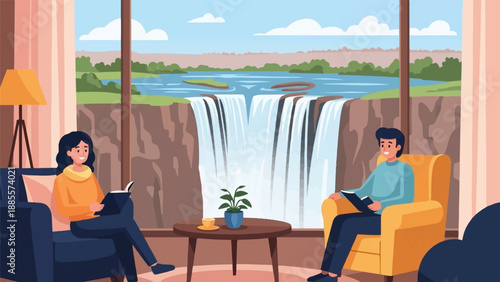 Couple relaxes indoors reading books with majestic waterfall view