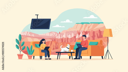 Couple and dog relax on sofas in a room with a canyon view
