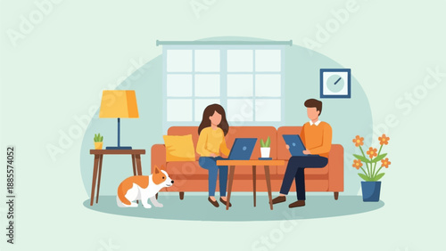 Couple working on laptops with dog in cozy living room (1)