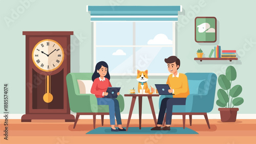 Couple working remotely at home with their dog and a grandfather clock