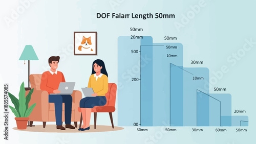 Couple in living room with laptops near a depth of field bar graph