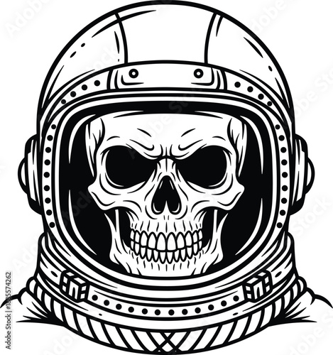 Detailed black and white line art illustration of a human skull wearing an astronaut helmet.