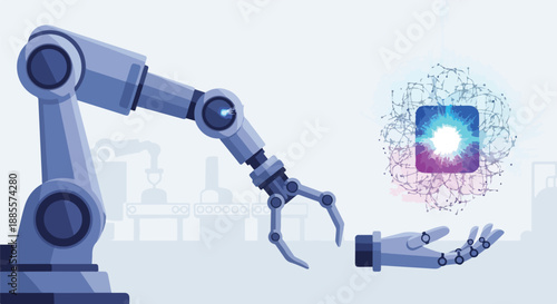 Industrial robotic arm interacts with a human-like AI hand holding a glowing data icon, symbolizing advanced automation, digital innovation, and future technology.