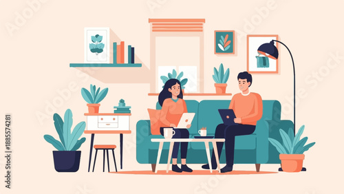 Couple relaxing indoors with laptops, surrounded by plants and art