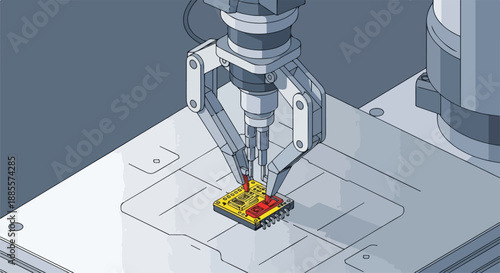 Robotic arm precisely assembling a microchip onto a circuit board in an automated manufacturing process, symbolizing advanced technology and industrial automation.