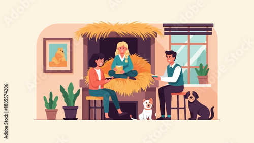 Cozy gathering with people and dogs around hay, indoors