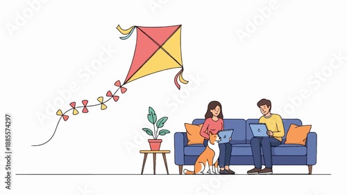 Couple and dog relax on sofa, kite flies above
