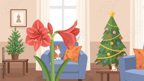 Cozy holiday living room with decorated tree, flowers and a dog