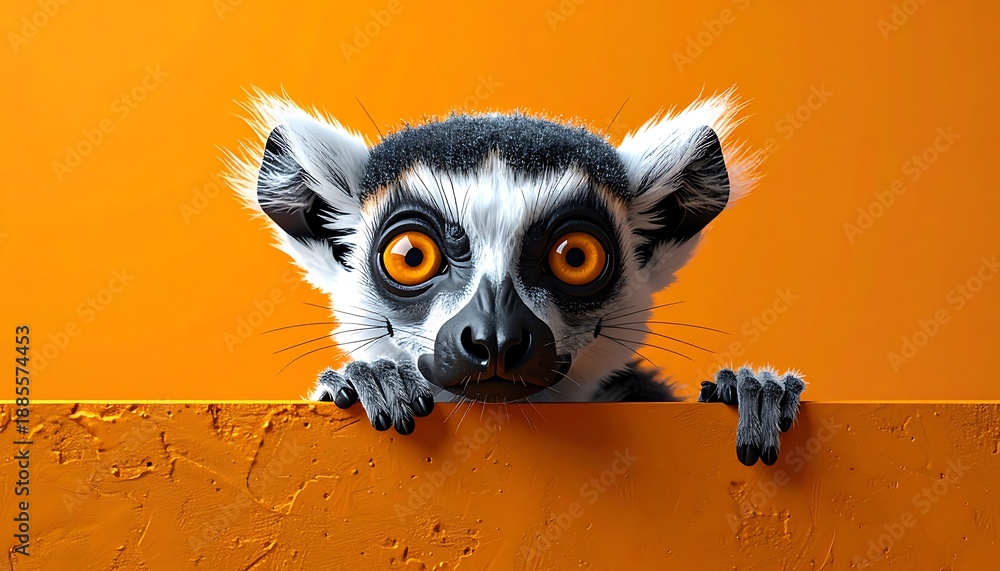 Naklejka premium Cartoonish lemur with bright orange eyes peeks over an orange wall in front of an orange background