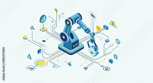 Robotic arm and interconnected icons representing automation, industry 4.0, and smart technology in a futuristic design.