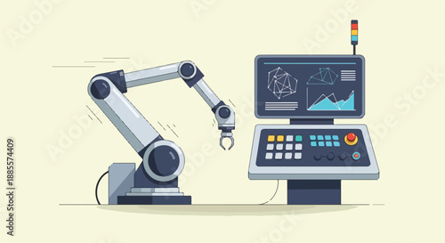 Industrial robot arm and control panel with data visualization on screen, modern technology concept