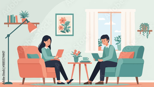 Couple relaxing indoors with devices, cozy atmosphere