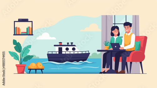 Couple working remotely by a window with a boat passing by