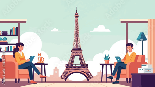 Couple relaxing indoors with Eiffel Tower view and pets