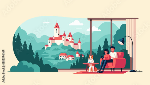 Cozy home interior with a picturesque castle view and loved ones