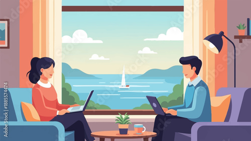Couple working remotely by the water with a sailboat in the distance
