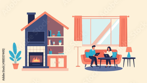 Cozy home interior with fireplace, bookshelves, and people working on laptops