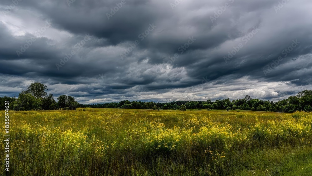 Fototapeta premium A wide field of yellow wildflowers under dark, stormy clouds. Concept Golden Wildflowers Field, Moody Stormy Sky, Wide Landscape, Nature Contrast, Dramatic Clouds and Light