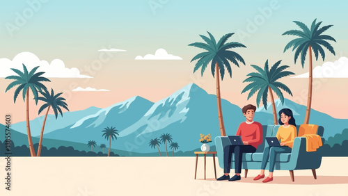 Couple working remotely on laptops on a tropical beach with mountains