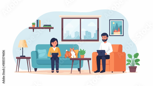 Couple and dog relax indoors using tablets, with cityscape visible through window