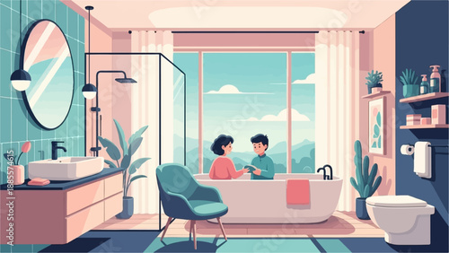 Couple enjoying a relaxing bath in a bright, modern bathroom with a scenic view
