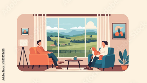 Cozy home interior with people and dog enjoying rural landscape view