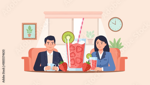 Couple in suits enjoy strawberry kiwi drinks and coffee in a cozy setting