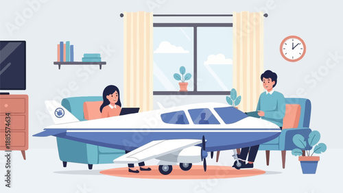 Couple relaxes at home with a miniature airplane on a rug