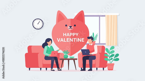 Couple working remotely on Valentine's Day with heart-shaped dog decoration