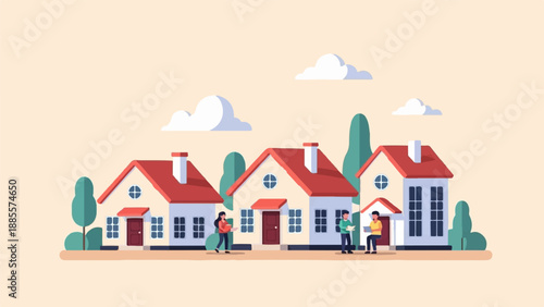 Colorful cartoon houses with people interacting outside