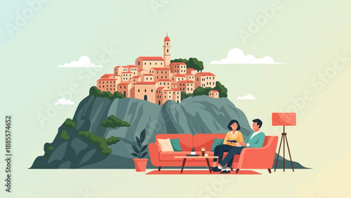 Couple relax on sofa with scenic village on cliff overlooking ocean