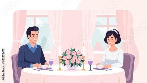 Couple enjoying a romantic dinner at a table adorned with flowers