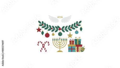 Festive holiday banner illustration with Christmas ornaments Menorah gifts and candy canes on white