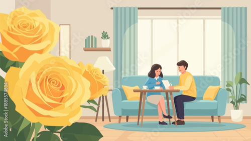 Couple enjoying a tea break indoors amidst vibrant yellow roses