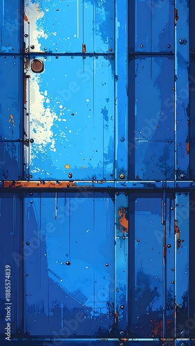 Blue metal panels with rust, painted in an expressive, textured style with vertical lines and weathering effects