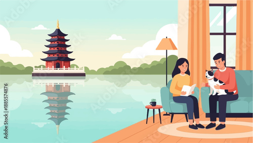 Couple and dog relax indoors by window, pagoda reflected in lake