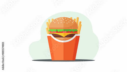 Colorful cartoon burger and fries in an orange container