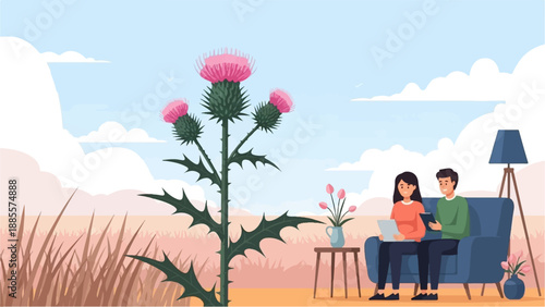 Couple relax on sofa with laptop and tablet, thistle blooms nearby