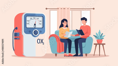 Couple relax on sofa near medical device, reading books