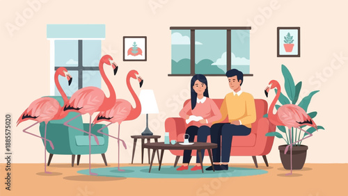 Couple relax in living room with flamingos and houseplants