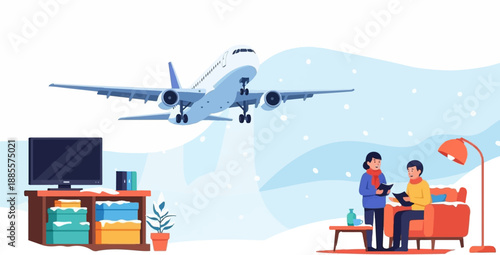 Couple indoors with plane overhead during a snowfall