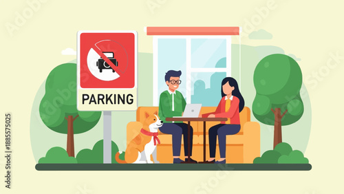 Couple with dog working on laptop at outdoor cafe with no parking sign
