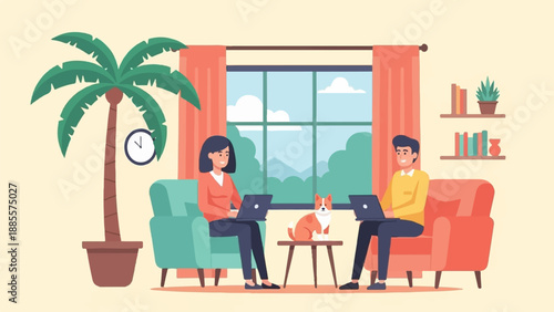 Couple working remotely with dog in a cozy home setting