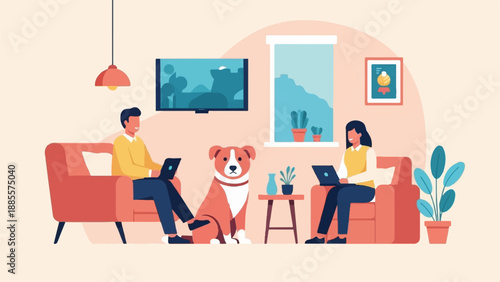 Couple working remotely with dog in a cozy living room